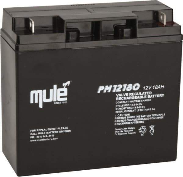 Mule - Lead-Acid, Nut/Bolt Terminal, 12 Volt, 18 Amp, Lead Rechargeable Battery - 1/4" Hole Diam, 2.56" Wide x 6.57" High x 7.13" Deep - Eagle Tool & Supply