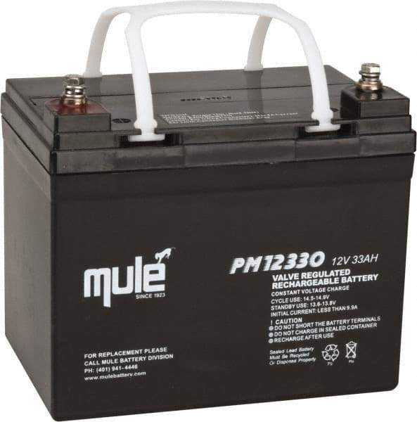 Mule - Lead-Acid, Nut/Bolt Terminal, 12 Volt, 33 Amp, Lead Rechargeable Battery - 6mm Hole Diam, 5.12" Wide x 6.61" High x 7.68" Deep - Eagle Tool & Supply