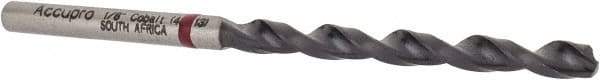 Accupro - 1/8" 135° Cobalt Jobber Drill - TiAlN Finish, Right Hand Cut, Spiral Flute, Straight Shank, 65mm OAL, UX Point - Eagle Tool & Supply