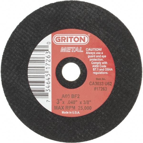 Value Collection - 3" 60 Grit Aluminum Oxide Cutoff Wheel - 0.04" Thick, 3/8" Arbor, Use with Die Grinders - Eagle Tool & Supply