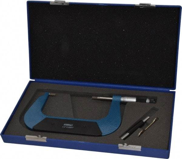 Fowler - 3" to 4" Mechanical Baked Enamel (Frame) & Satin Chrome (Graduations) Coated Blade Micrometer - 0.0002" Accuracy, 0.0001" Graduation, 0.03" Blade Thickness, Ratchet Stop Thimble - Eagle Tool & Supply