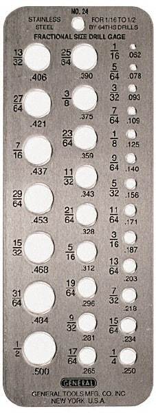 General - #60 Wire to #1 Wire Hole Size Drill Gage - 6-1/2 Inch Long, 2-1/2 Inch Wide, 60 Holes - Eagle Tool & Supply