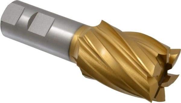 Hertel - 1-1/2", 2" LOC, 1" Shank Diam, 4-1/2" OAL, 6 Flute, High Speed Steel Square End Mill - Single End, TiN Finish, Spiral Flute, 30° Helix, Right Hand Cut, Right Hand Flute - Eagle Tool & Supply