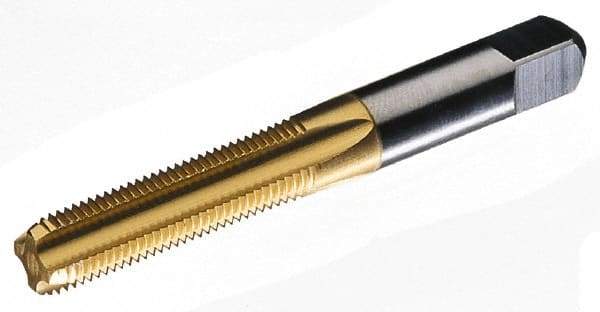 Hertel - M14x2.00 Metric Coarse 6H 4 Flute TiN Finish High Speed Steel Straight Flute Standard Hand Tap - Bottoming, Right Hand Thread, 3-19/32" OAL, 1-21/32" Thread Length, D7 Limit, Oversize - Eagle Tool & Supply