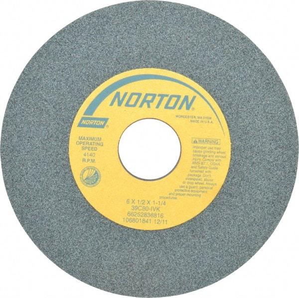 Norton - 6" Diam x 1-1/4" Hole x 1/2" Thick, I Hardness, 60 Grit Surface Grinding Wheel - Silicon Carbide, Type 1, Medium Grade, 4,140 Max RPM, Vitrified Bond, No Recess - Eagle Tool & Supply