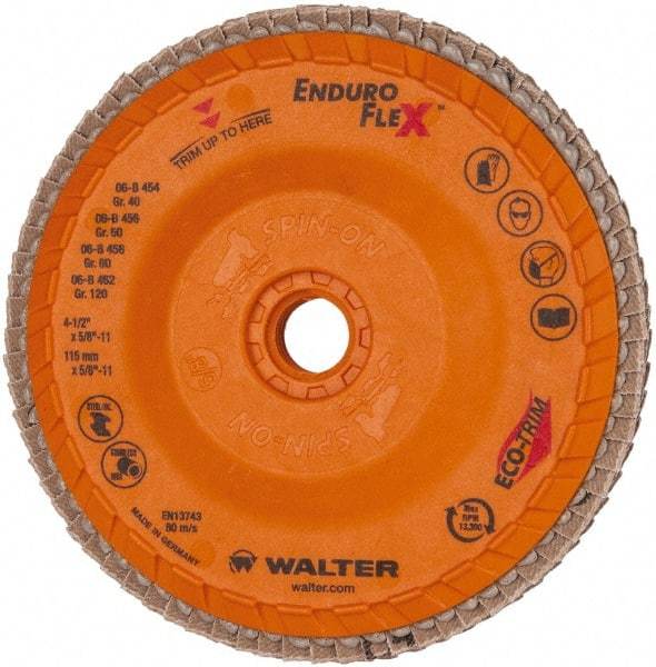 WALTER Surface Technologies - 80 Grit, 4-1/2" Disc Diam, 5/8-11 Center Hole, Flap Disc - Plastic Backing, Arbor Attaching System, Coated - Eagle Tool & Supply