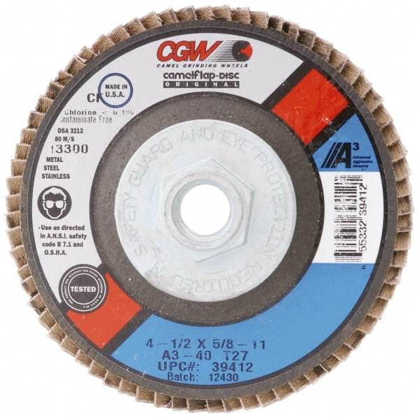 Camel Grinding Wheels - 24 Grit, 7" Disc Diam, 7/8" Center Hole, Type 29 Aluminum Oxide Flap Disc - 8,600 Max RPM, Polyester Backing, Arbor Attaching System, Coated - Eagle Tool & Supply