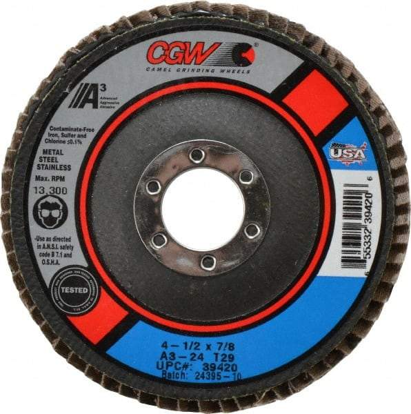 Camel Grinding Wheels - 24 Grit, 4-1/2" Disc Diam, 7/8" Center Hole, Type 29 Aluminum Oxide Flap Disc - 13,300 Max RPM, Polyester Backing, Arbor Attaching System, Coated - Eagle Tool & Supply
