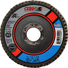 Camel Grinding Wheels - 24 Grit, 4-1/2" Disc Diam, 7/8" Center Hole, Type 29 Aluminum Oxide Flap Disc - 13,300 Max RPM, Polyester Backing, Arbor Attaching System, Coated - Eagle Tool & Supply