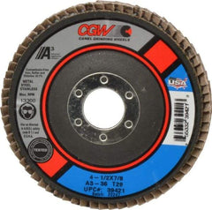 Camel Grinding Wheels - 36 Grit, 4-1/2" Disc Diam, 7/8" Center Hole, Type 29 Aluminum Oxide Flap Disc - 13,300 Max RPM, Polyester Backing, Arbor Attaching System, Coated - Eagle Tool & Supply