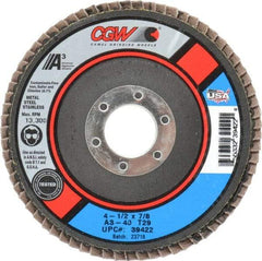 Camel Grinding Wheels - 40 Grit, 4-1/2" Disc Diam, 7/8" Center Hole, Type 29 Aluminum Oxide Flap Disc - 13,300 Max RPM, Polyester Backing, Arbor Attaching System, Coated - Eagle Tool & Supply