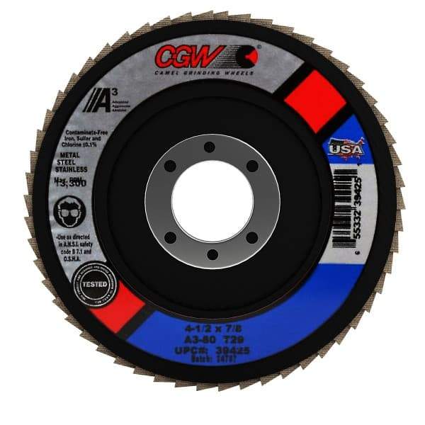 Camel Grinding Wheels - 80 Grit, 4-1/2" Disc Diam, 7/8" Center Hole, Type 29 Aluminum Oxide Flap Disc - 13,300 Max RPM, Polyester Backing, Arbor Attaching System, Coated - Eagle Tool & Supply