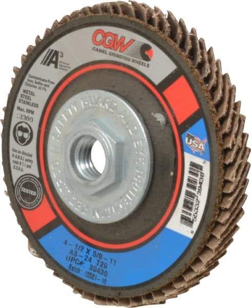 Camel Grinding Wheels - 24 Grit, 4-1/2" Disc Diam, 5/8-11 Center Hole, Type 29 Aluminum Oxide Flap Disc - 13,300 Max RPM, Polyester Backing, Arbor Attaching System, Coated - Eagle Tool & Supply