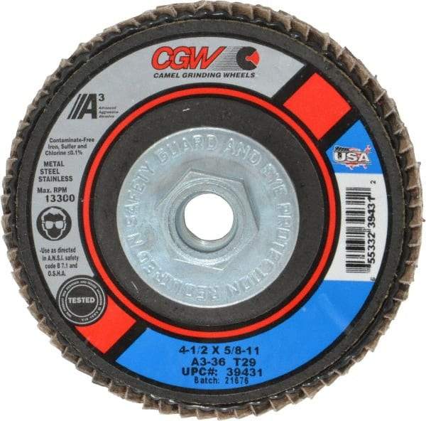 Camel Grinding Wheels - 36 Grit, 4-1/2" Disc Diam, 5/8-11 Center Hole, Type 29 Aluminum Oxide Flap Disc - 13,300 Max RPM, Polyester Backing, Arbor Attaching System, Coated - Eagle Tool & Supply