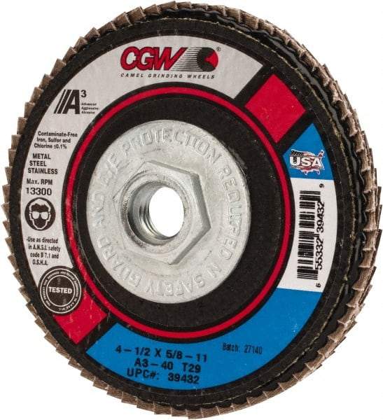 Camel Grinding Wheels - 40 Grit, 4-1/2" Disc Diam, 5/8-11 Center Hole, Type 29 Aluminum Oxide Flap Disc - 13,300 Max RPM, Polyester Backing, Arbor Attaching System, Coated - Eagle Tool & Supply