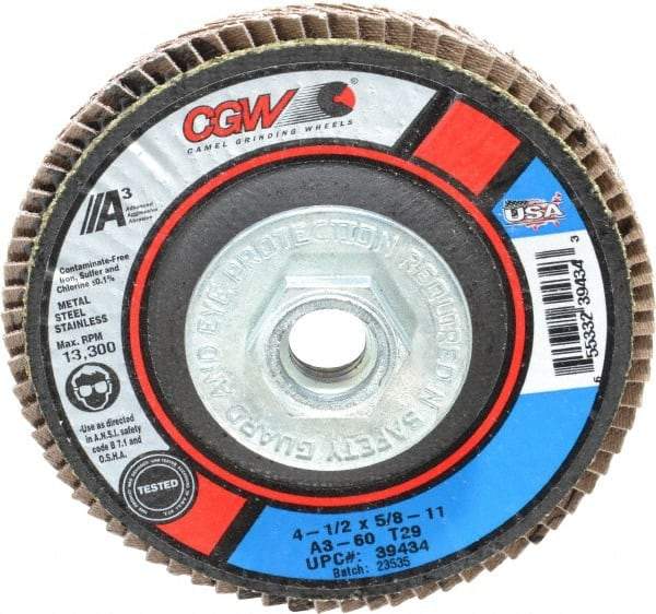 Camel Grinding Wheels - 60 Grit, 4-1/2" Disc Diam, 5/8-11 Center Hole, Type 29 Aluminum Oxide Flap Disc - 13,300 Max RPM, Polyester Backing, Arbor Attaching System, Coated - Eagle Tool & Supply