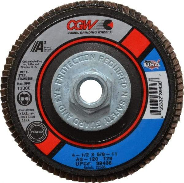 Camel Grinding Wheels - 120 Grit, 4-1/2" Disc Diam, 5/8-11 Center Hole, Type 29 Aluminum Oxide Flap Disc - 13,300 Max RPM, Polyester Backing, Arbor Attaching System, Coated - Eagle Tool & Supply
