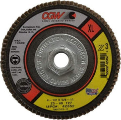 Camel Grinding Wheels - 40 Grit, 4-1/2" Disc Diam, 5/8-11 Center Hole, Type 27 Zirconia Alumina Flap Disc - 13,300 Max RPM, Poly Cotton Backing, Arbor Attaching System, Coated - Eagle Tool & Supply