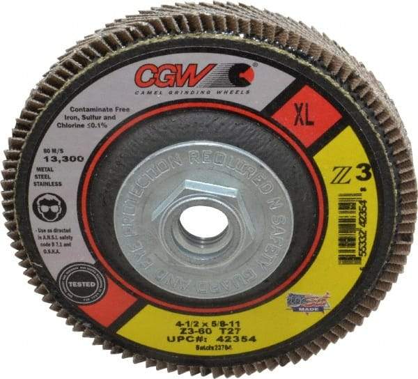 Camel Grinding Wheels - 60 Grit, 4-1/2" Disc Diam, 5/8-11 Center Hole, Type 27 Zirconia Alumina Flap Disc - 13,300 Max RPM, Poly Cotton Backing, Arbor Attaching System, Coated - Eagle Tool & Supply