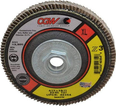 Camel Grinding Wheels - 60 Grit, 4-1/2" Disc Diam, 5/8-11 Center Hole, Type 27 Zirconia Alumina Flap Disc - 13,300 Max RPM, Poly Cotton Backing, Arbor Attaching System, Coated - Eagle Tool & Supply