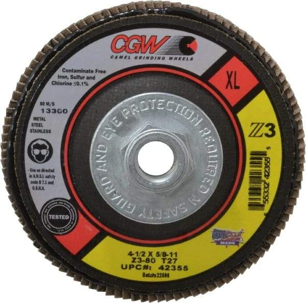 Camel Grinding Wheels - 80 Grit, 4-1/2" Disc Diam, 5/8-11 Center Hole, Type 27 Zirconia Alumina Flap Disc - 13,300 Max RPM, Poly Cotton Backing, Arbor Attaching System, Coated - Eagle Tool & Supply