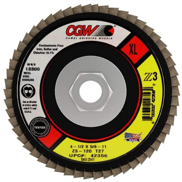 Camel Grinding Wheels - 120 Grit, 4-1/2" Disc Diam, 5/8-11 Center Hole, Type 27 Zirconia Alumina Flap Disc - 13,300 Max RPM, Poly Cotton Backing, Arbor Attaching System, Coated - Eagle Tool & Supply