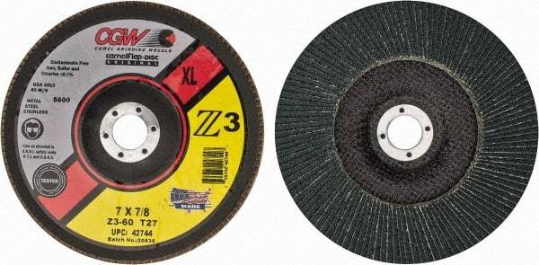 Camel Grinding Wheels - 60 Grit, 7" Disc Diam, 7/8" Center Hole, Type 27 Zirconia Alumina Flap Disc - 8,600 Max RPM, Poly Cotton Backing, Arbor Attaching System, Coated - Eagle Tool & Supply