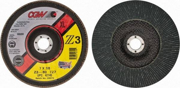Camel Grinding Wheels - 80 Grit, 7" Disc Diam, 7/8" Center Hole, Type 27 Zirconia Alumina Flap Disc - 8,600 Max RPM, Poly Cotton Backing, Arbor Attaching System, Coated - Eagle Tool & Supply