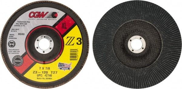 Camel Grinding Wheels - 120 Grit, 7" Disc Diam, 7/8" Center Hole, Type 27 Zirconia Alumina Flap Disc - 8,600 Max RPM, Poly Cotton Backing, Arbor Attaching System, Coated - Eagle Tool & Supply