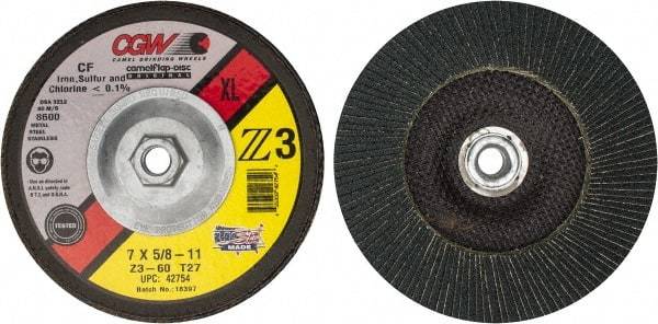 Camel Grinding Wheels - 60 Grit, 7" Disc Diam, 5/8-11 Center Hole, Type 27 Zirconia Alumina Flap Disc - 8,600 Max RPM, Poly Cotton Backing, Arbor Attaching System, Coated - Eagle Tool & Supply