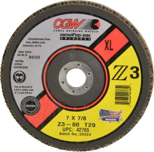 Camel Grinding Wheels - 80 Grit, 7" Disc Diam, 5/8-11 Center Hole, Type 29 Zirconia Alumina Flap Disc - 8,600 Max RPM, Poly Cotton Backing, Arbor Attaching System, Coated - Eagle Tool & Supply