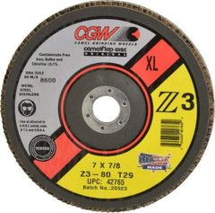 Camel Grinding Wheels - 80 Grit, 7" Disc Diam, 5/8-11 Center Hole, Type 29 Zirconia Alumina Flap Disc - 8,600 Max RPM, Poly Cotton Backing, Arbor Attaching System, Coated - Eagle Tool & Supply