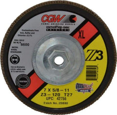 Camel Grinding Wheels - 120 Grit, 7" Disc Diam, 5/8-11 Center Hole, Type 27 Zirconia Alumina Flap Disc - 8,600 Max RPM, Poly Cotton Backing, Arbor Attaching System, Coated - Eagle Tool & Supply