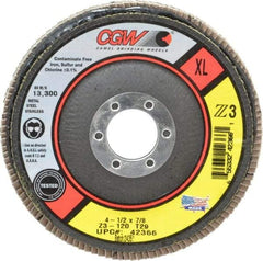 Camel Grinding Wheels - 120 Grit, 4-1/2" Disc Diam, 7/8" Center Hole, Type 29 Zirconia Alumina Flap Disc - 13,300 Max RPM, Poly Cotton Backing, Arbor Attaching System, Coated - Eagle Tool & Supply