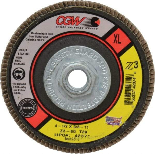Camel Grinding Wheels - 60 Grit, 4-1/2" Disc Diam, 5/8-11 Center Hole, Type 29 Zirconia Alumina Flap Disc - 13,300 Max RPM, Poly Cotton Backing, Arbor Attaching System, Coated - Eagle Tool & Supply