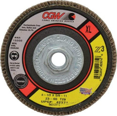 Camel Grinding Wheels - 60 Grit, 4-1/2" Disc Diam, 5/8-11 Center Hole, Type 29 Zirconia Alumina Flap Disc - 13,300 Max RPM, Poly Cotton Backing, Arbor Attaching System, Coated - Eagle Tool & Supply