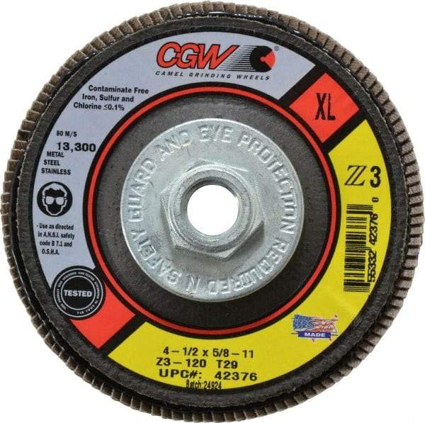 Camel Grinding Wheels - 120 Grit, 4-1/2" Disc Diam, 5/8-11 Center Hole, Type 29 Zirconia Alumina Flap Disc - 13,300 Max RPM, Poly Cotton Backing, Arbor Attaching System, Coated - Eagle Tool & Supply