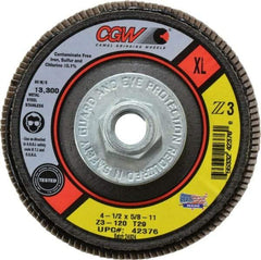 Camel Grinding Wheels - 120 Grit, 4-1/2" Disc Diam, 5/8-11 Center Hole, Type 29 Zirconia Alumina Flap Disc - 13,300 Max RPM, Poly Cotton Backing, Arbor Attaching System, Coated - Eagle Tool & Supply