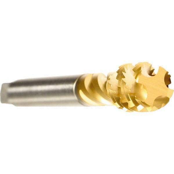 Emuge - M45x4.50 Metric 6 Flute 6H Modified Bottoming Spiral Flute Tap - Cobalt, TiN Finish, 220mm OAL, Right Hand Flute, Right Hand Thread, Series Enorm - Eagle Tool & Supply
