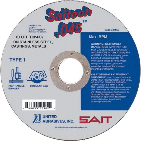 Sait - 4-1/2" Ceramic Cutoff Wheel - 0.045" Thick, 7/8" Arbor, 13,300 Max RPM, Use with Angle Grinders - Eagle Tool & Supply