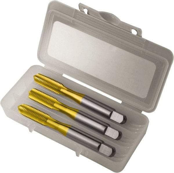 Vermont Tap & Die - M12x1.75 Metric, 4 Flute, Bottoming, Plug & Taper, TiN Finish, High Speed Steel Tap Set - Right Hand Cut, 3-3/8" OAL, 1-21/32" Thread Length, 6H Class of Fit, Series TN3105M - Eagle Tool & Supply