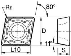 Kennametal - CPMT21.51 MF Grade KCPK30 Carbide Milling Insert - TiN/TiCN/Al2O3 Finish, 0.0937" Thick, 1/4" Inscribed Circle, 0.4mm Corner Radius - Eagle Tool & Supply