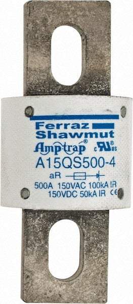 Ferraz Shawmut - 150 VAC/VDC, 500 Amp, Fast-Acting Semiconductor/High Speed Fuse - Bolt-on Mount, 3-1/2" OAL, 100 at AC, 50 at DC kA Rating, 1-1/2" Diam - Eagle Tool & Supply