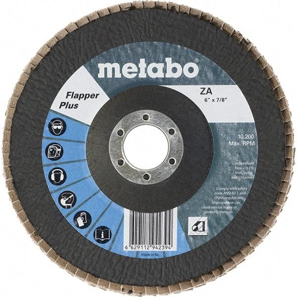 Metabo - 40 Grit, 6" Disc Diam, 7/8" Center Hole, Type 27 Zirconia Alumina Flap Disc - 10,200 Max RPM, Fiberglass Backing, Arbor Attaching System, Coated - Eagle Tool & Supply
