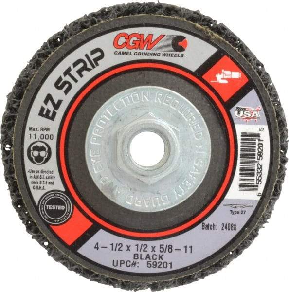 Camel Grinding Wheels - 4-1/2" Coarse Grade Silicon Carbide Deburring Disc - 5/8-11 Threaded Center Hole, Arbor Connection, Black, 11,000 Max RPM - Eagle Tool & Supply