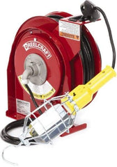 Reelcraft - 16 AWG, 50' Cable Length, Cord & Cable Reel with Incandescent Hand Lamp End - 1 Outlet, NEMA 5-15R, 13 Amps, 125 Volts, SJTOW Cable, Red Reel - Eagle Tool & Supply