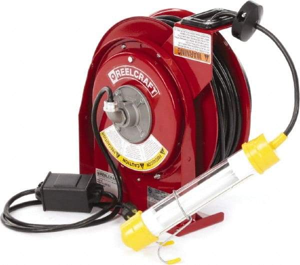 Reelcraft - 16 AWG, 50' Cable Length, Cord & Cable Reel with Fluorescent Hand Lamp End - 0 Outlets, 0.3 Amps, 125 Volts, SJTOW Cable, Red Reel - Eagle Tool & Supply