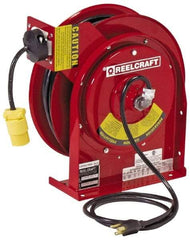 Reelcraft - 12 AWG, 45' Cable Length, Cord & Cable Reel with Outlet End - 1 Outlet, NEMA 5-15R, 15 Amps, 125 Volts, SJEOOW Cable, Red Reel - Eagle Tool & Supply