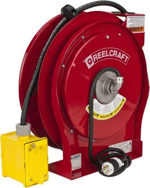 Reelcraft - 12 AWG, 50' Cable Length, Cord & Cable Reel with Duplex GFCI Outlet Box End - 2 Outlets, NEMA 5-15R, 15 Amps, 125 Volts, SEOOW Cable, Red Reel - Eagle Tool & Supply