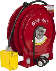 Reelcraft - 12 AWG, 50' Cable Length, Cord & Cable Reel with Duplex GFCI Outlet Box End - 2 Outlets, NEMA 5-15R, 15 Amps, 125 Volts, SEOOW Cable, Red Reel - Eagle Tool & Supply